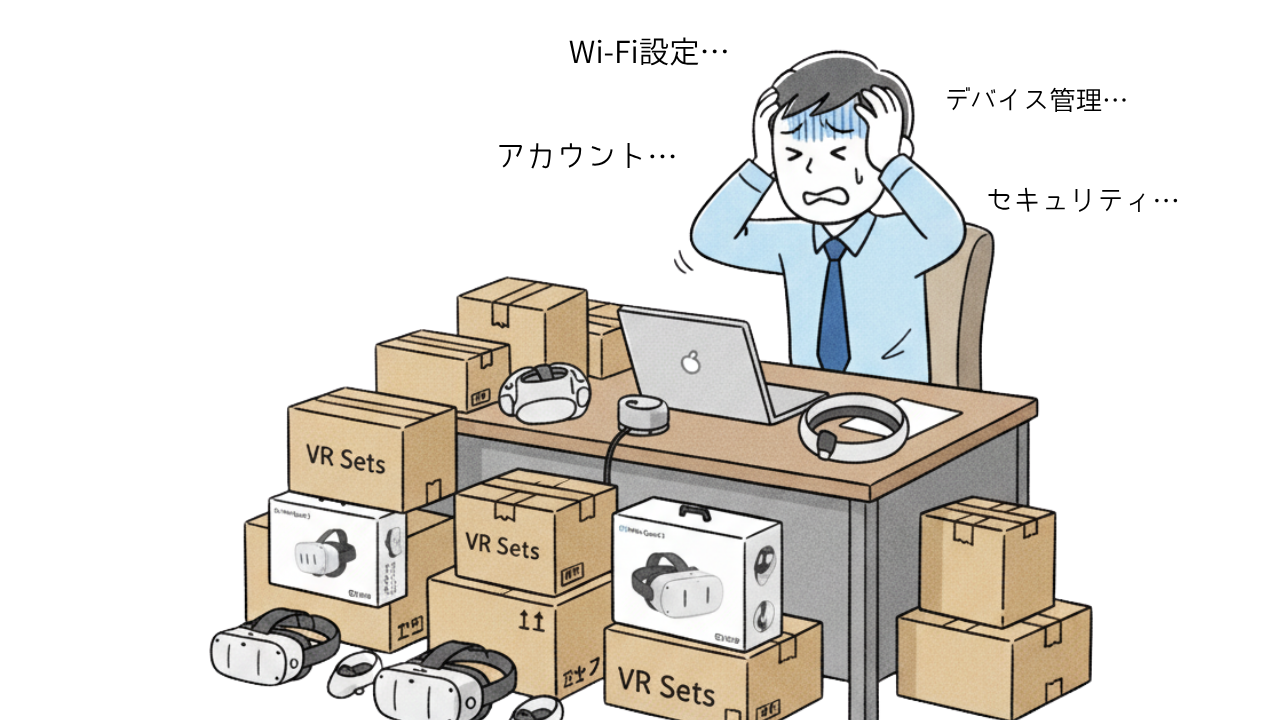 情シス担当者が、山積みのMeta Questの箱や、バラバラの端末を前に頭を抱えている様子。